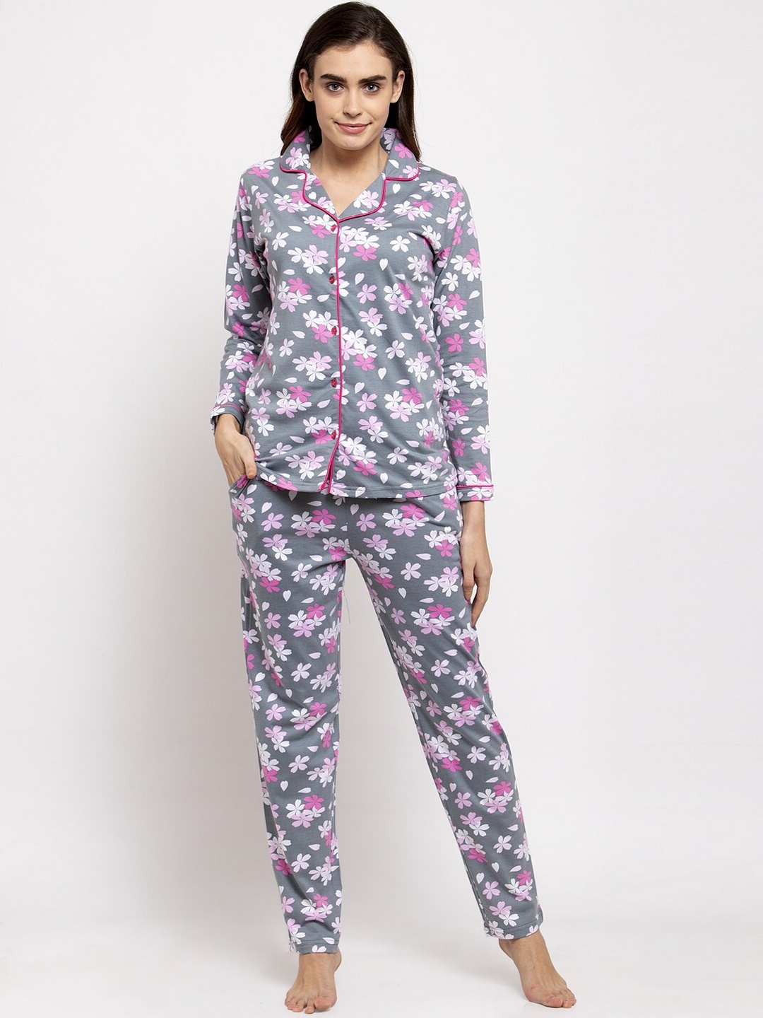 

Claura Women Grey & Pink Floral Printed Night suit
