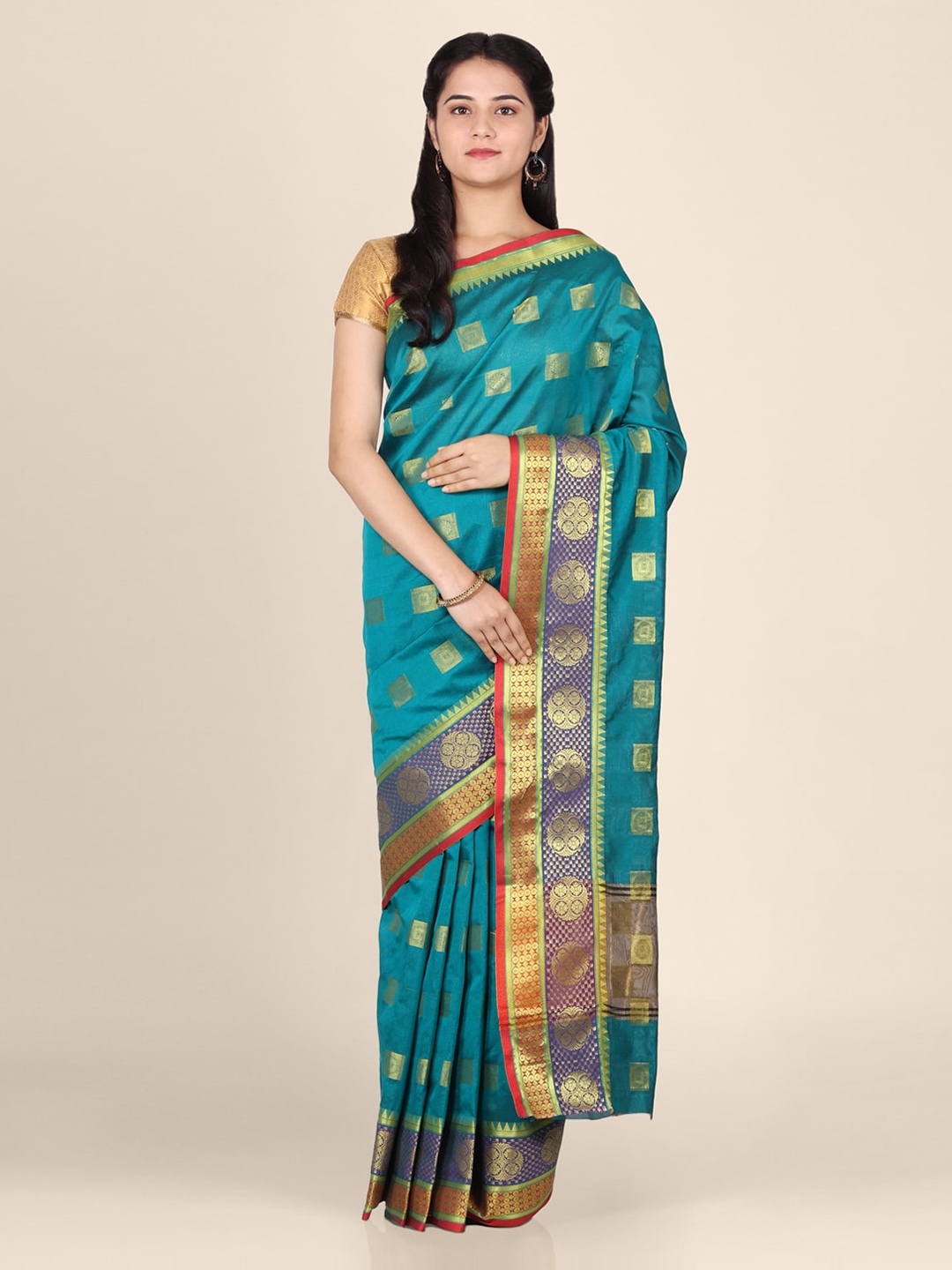 

CLAI WORLD Green & Gold-Toned Silk Blend Woven Design Saree