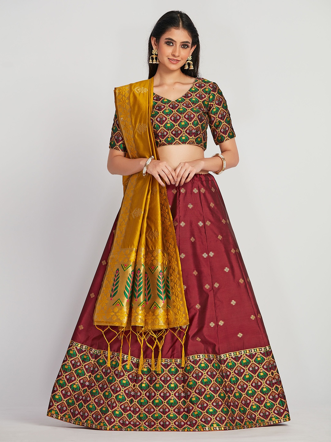 

MIMOSA Women Maroon & Yellow Zari Woven Design Semi-Stitched Lehenga & Unstitched Choli with Dupatta