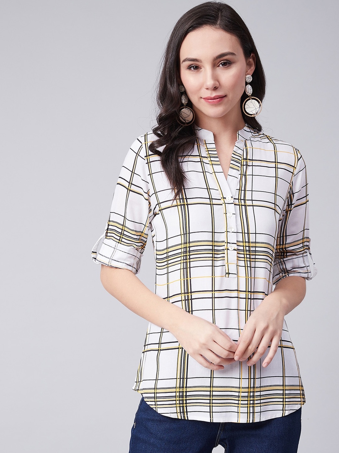 

Carlton London Women White Checked Shirt Style Top