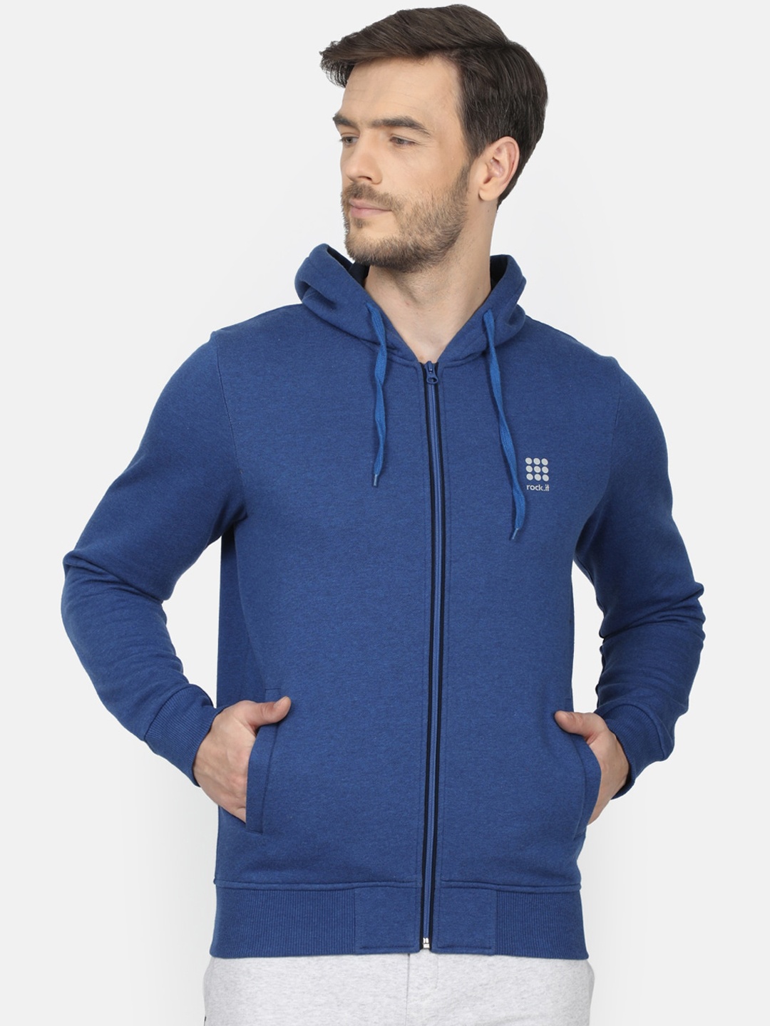 rock.it Men Blue Solid Hooded Sweatshirt