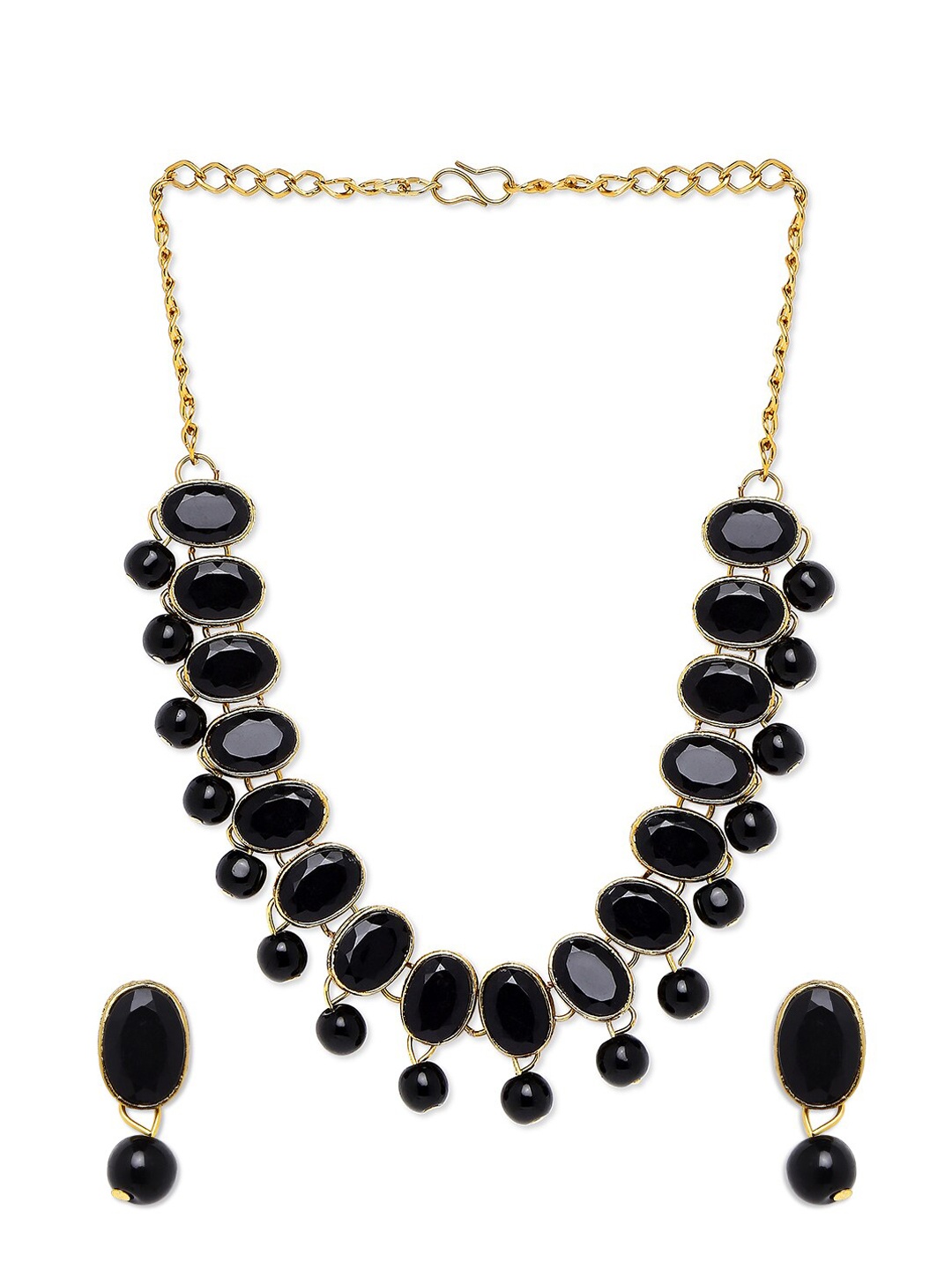 

Mahi Black & Gold -Plated Oval Shape Kundan Jewellery Set
