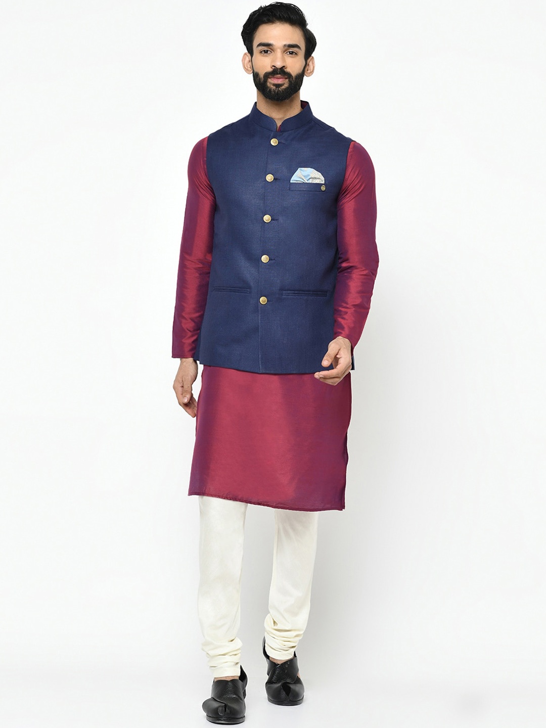

KISAH Men Maroon & White Solid Kurta with Pyjamas & Nehru Jacket
