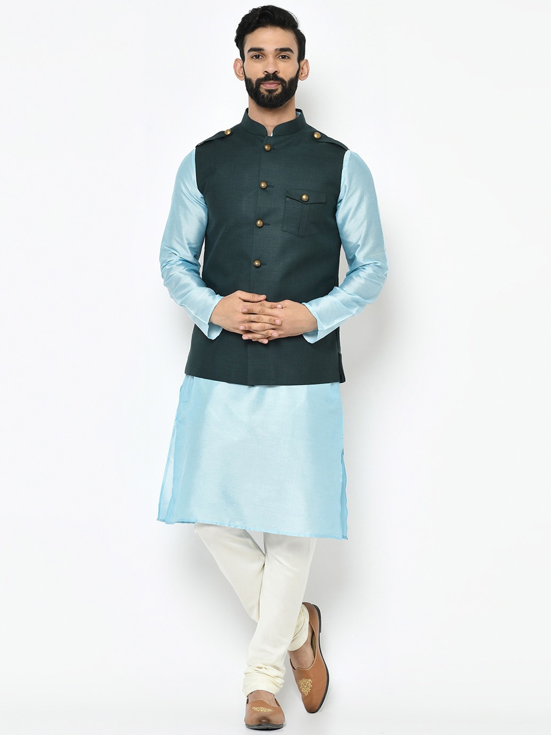 

KISAH Men Blue & White Solid Kurta with Pyjamas & Nehru Jacket