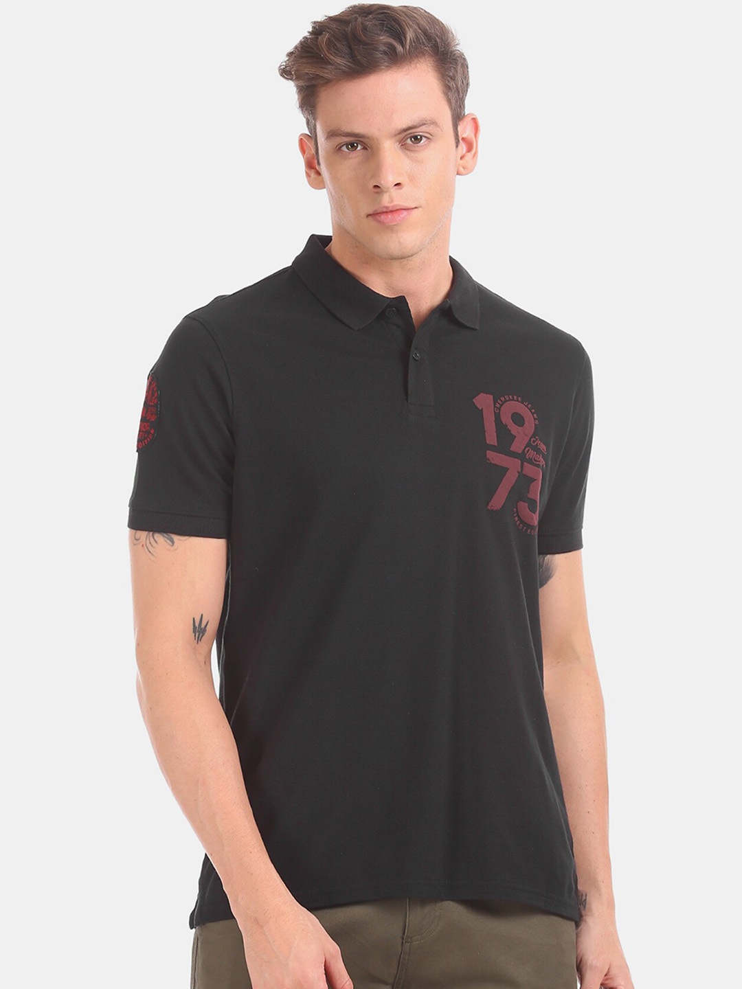 

Cherokee Men Black Printed Polo Collar Pure Cotton T-shirt