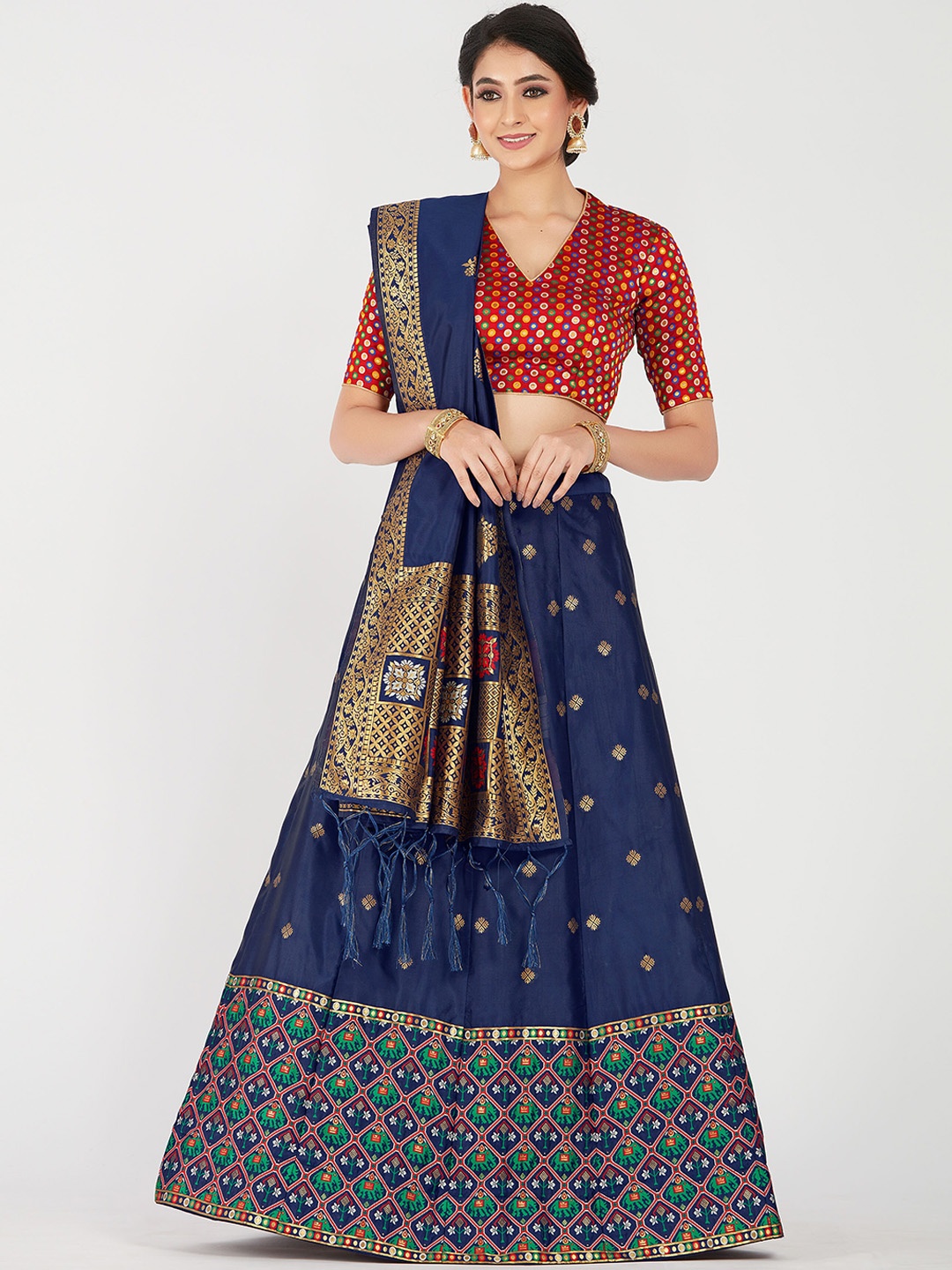 

MIMOSA Navy Blue & Red Semi-Stitched Lehenga & Unstitched Blouse with Dupatta