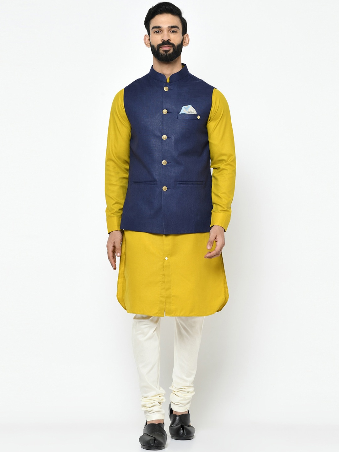 

KISAH Men Mustard Yellow & White Solid Kurta with Churidar