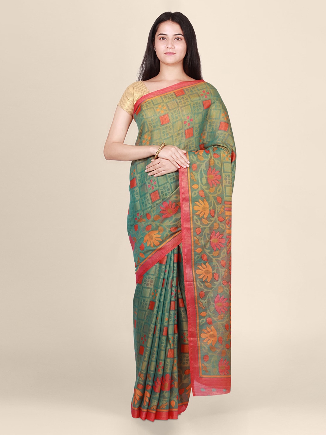 

CLAI WORLD Green Woven Design Brasso Saree