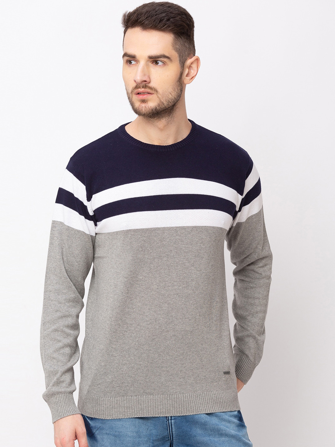 

Globus Men Navy Blue & Grey Colourblocked Pullover Sweater