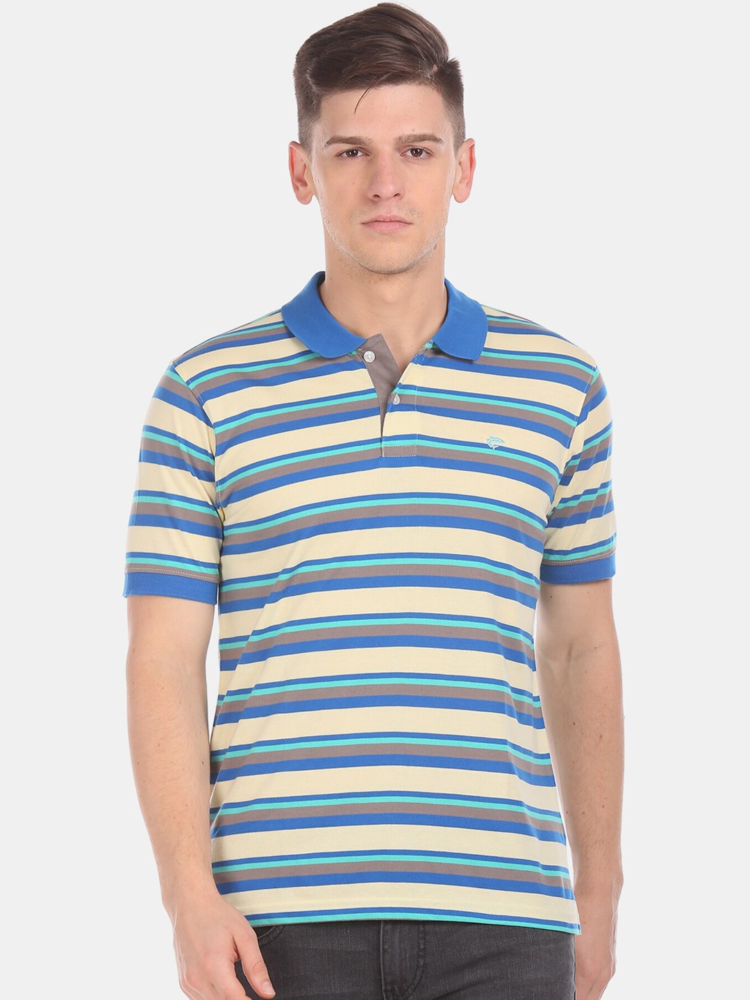 

Ruggers Men Beige Striped Polo Collar T-shirt