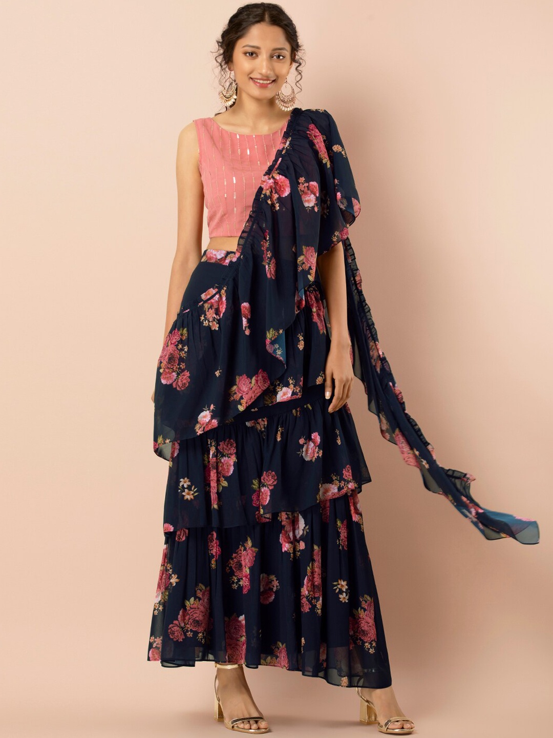 

INDYA Navy Blue Floral Ruffled Saree Skirt
