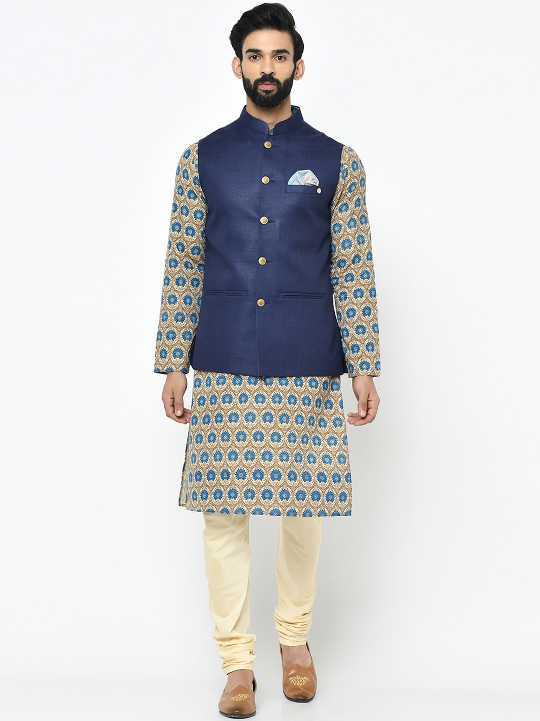 

KISAH Men Navy Blue & Beige Solid Kurta with Churidar