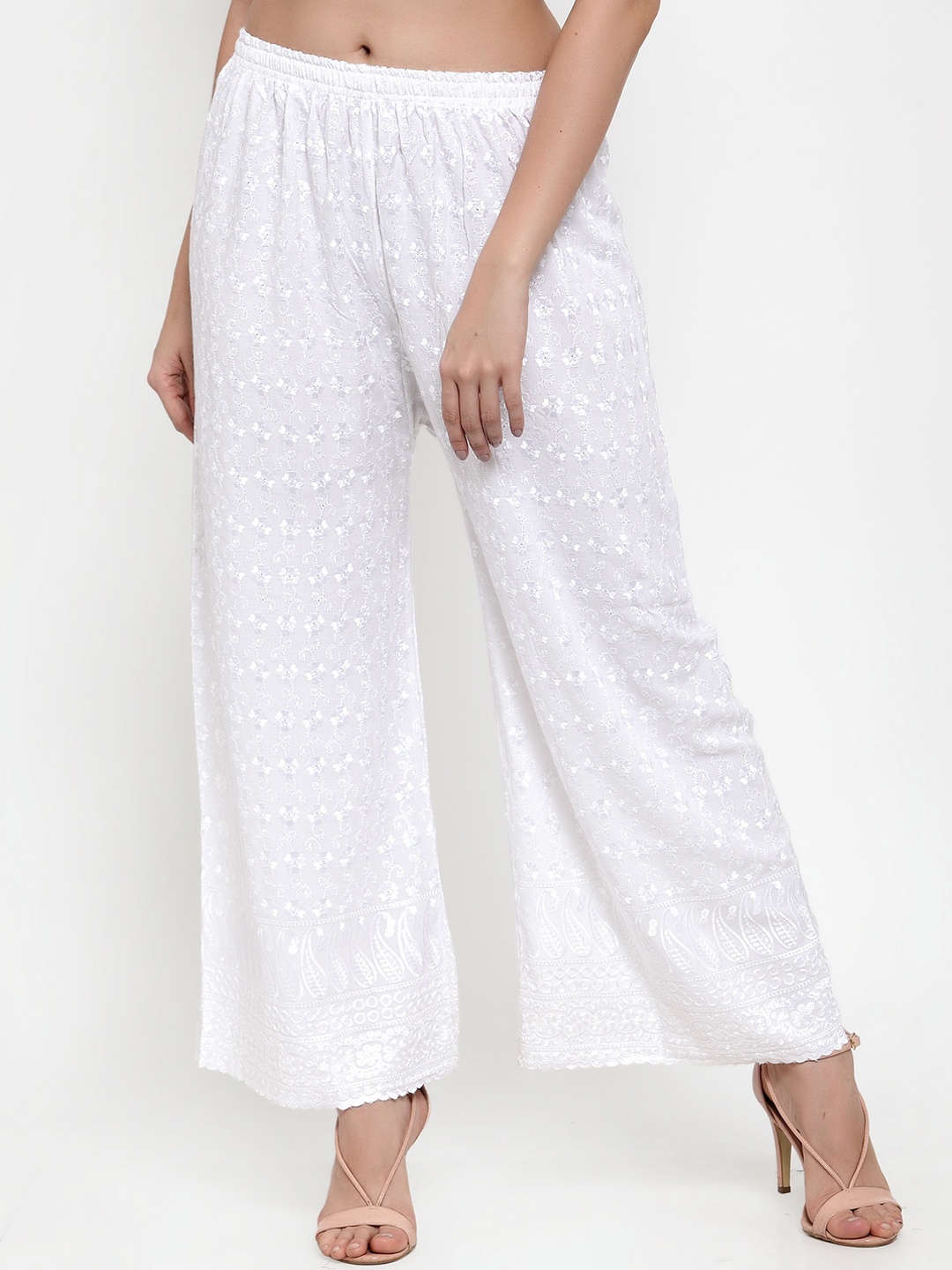 

Miaz Lifestyle Women White Embroidered Straight Palazzos