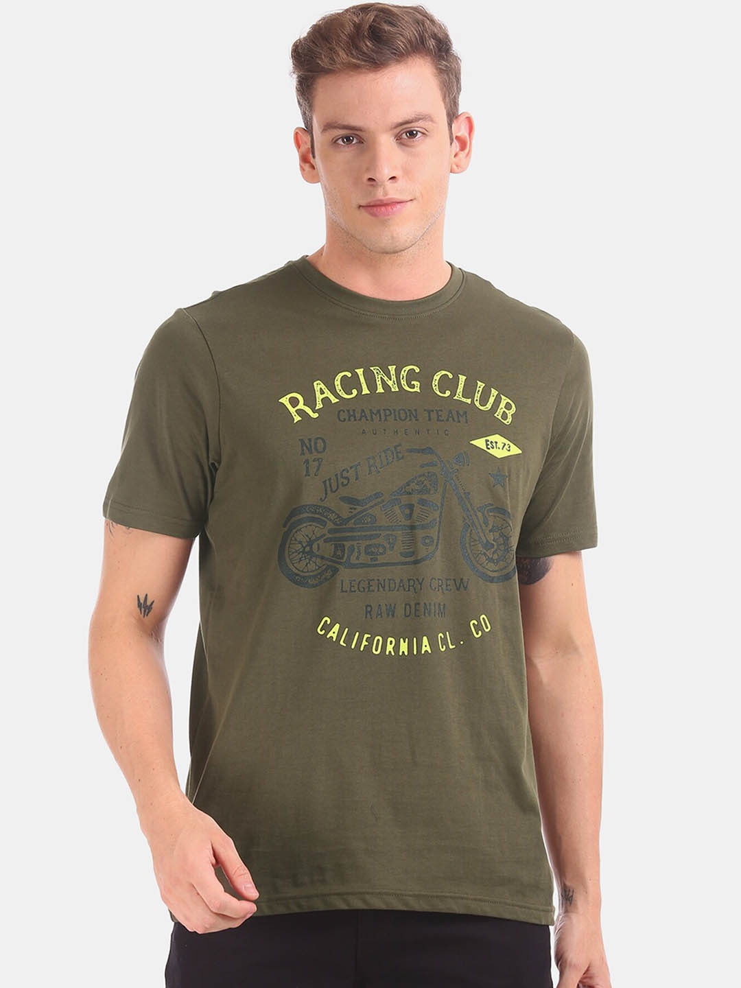 

Cherokee Men Olive Green Printed Round Neck T-shirt