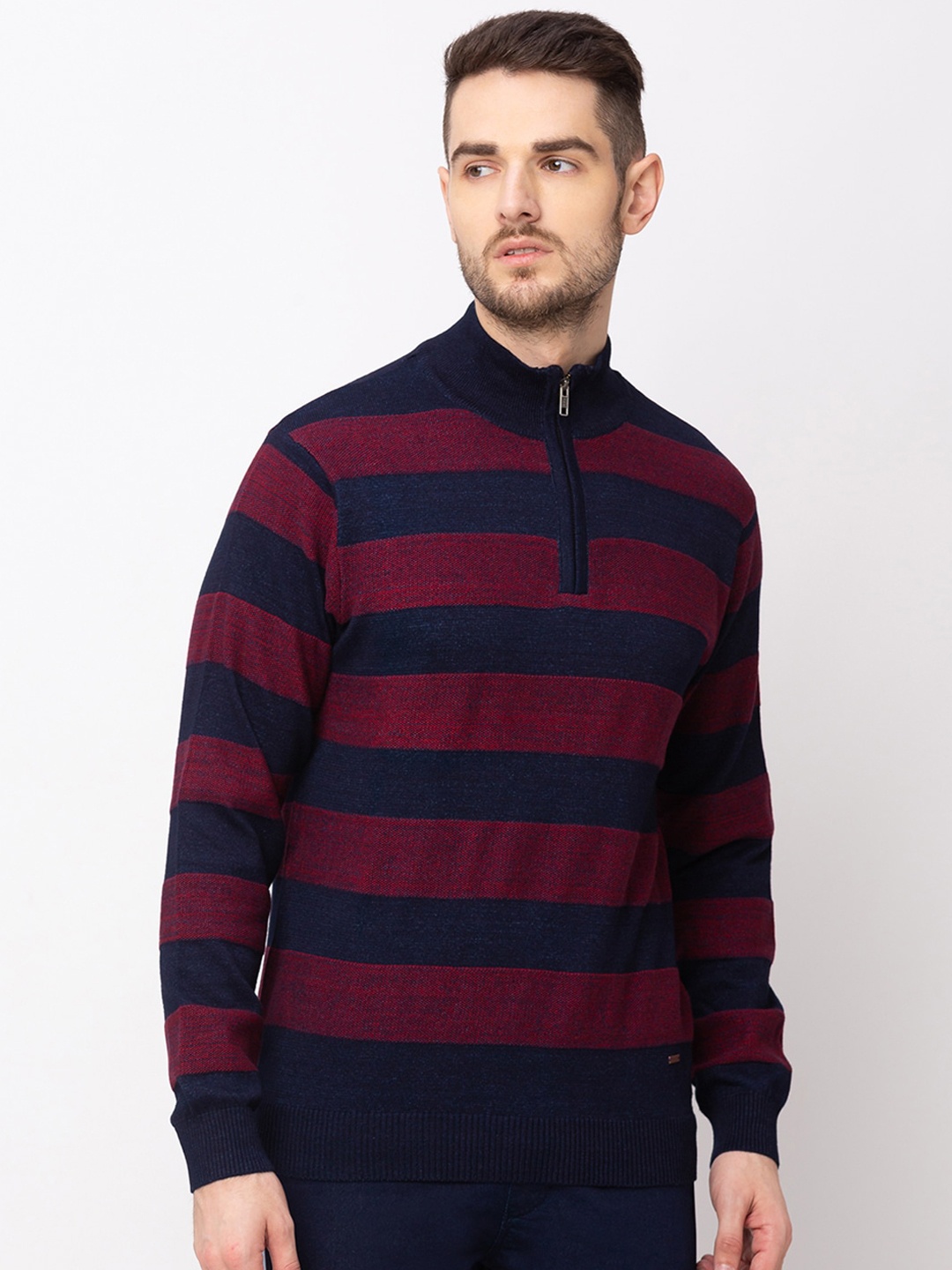 

Globus Men Navy Blue & Maroon Striped Front-Open Sweater