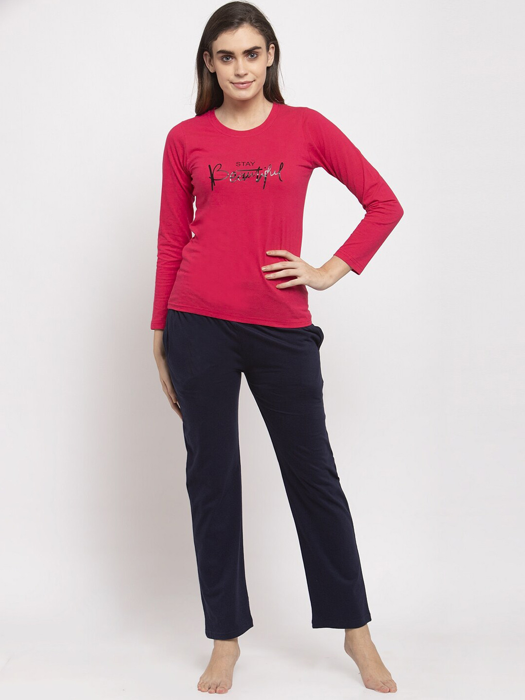 

Claura Women Pink & Navy Blue Solid Night Suit