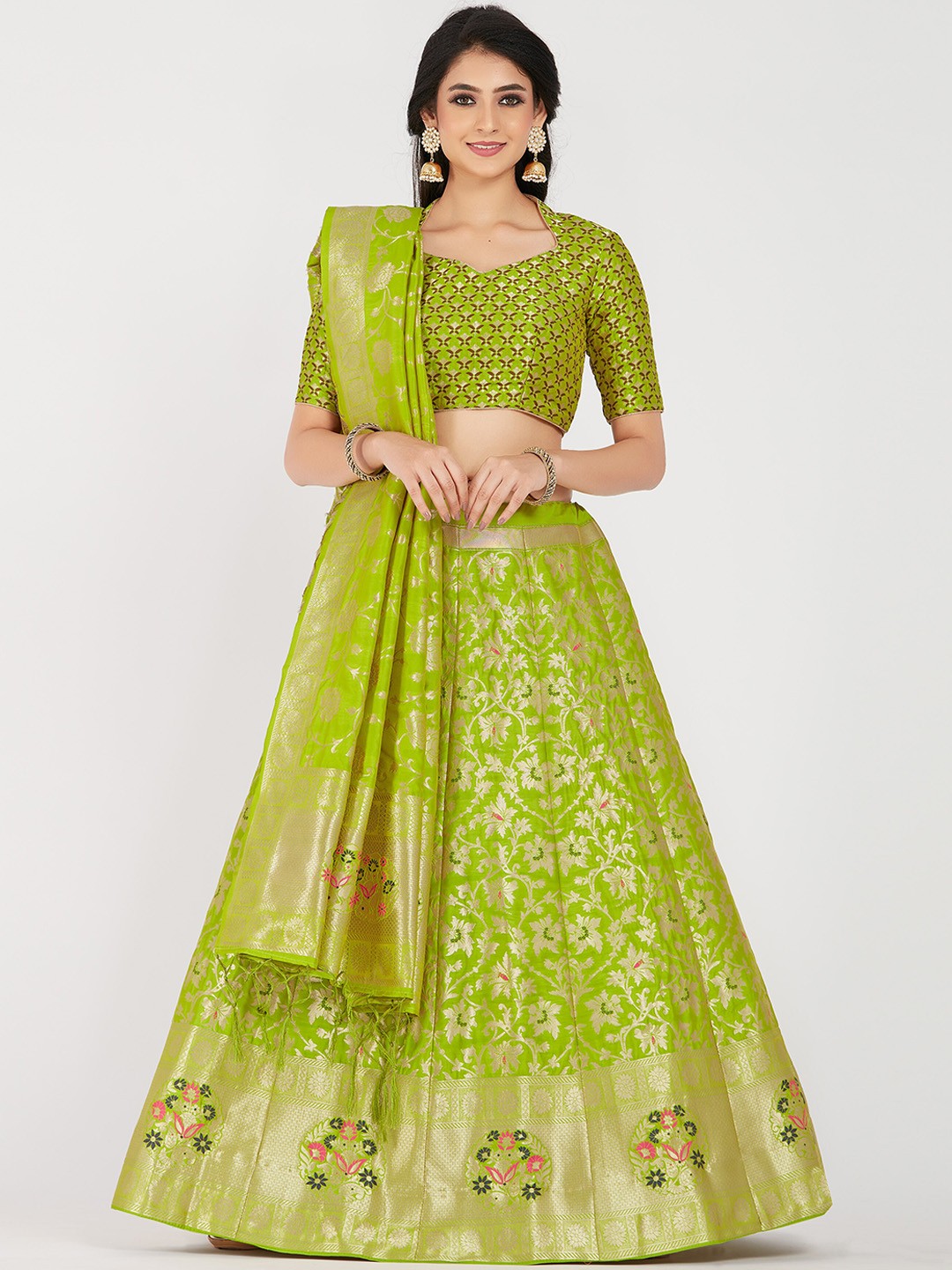 

MIMOSA Women Green & Gold-Toned Zari Woven Design Semi-Stitched Lehenga & Unstitched Choli with Dupatta