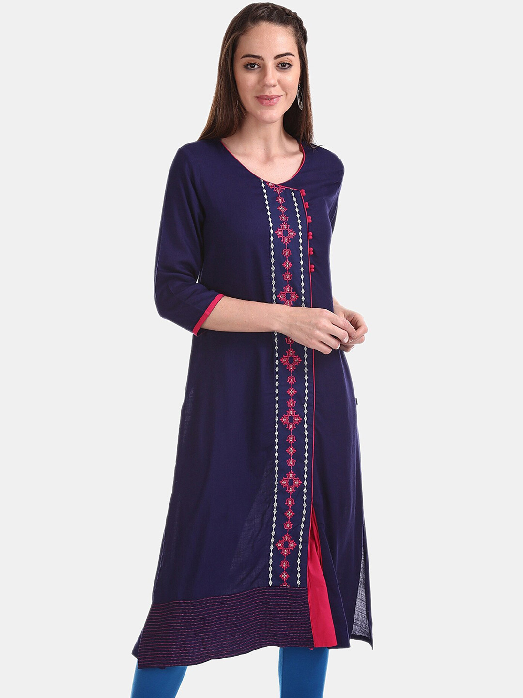 

Anahi Women Blue & Red Yoke Design A-Line Kurta
