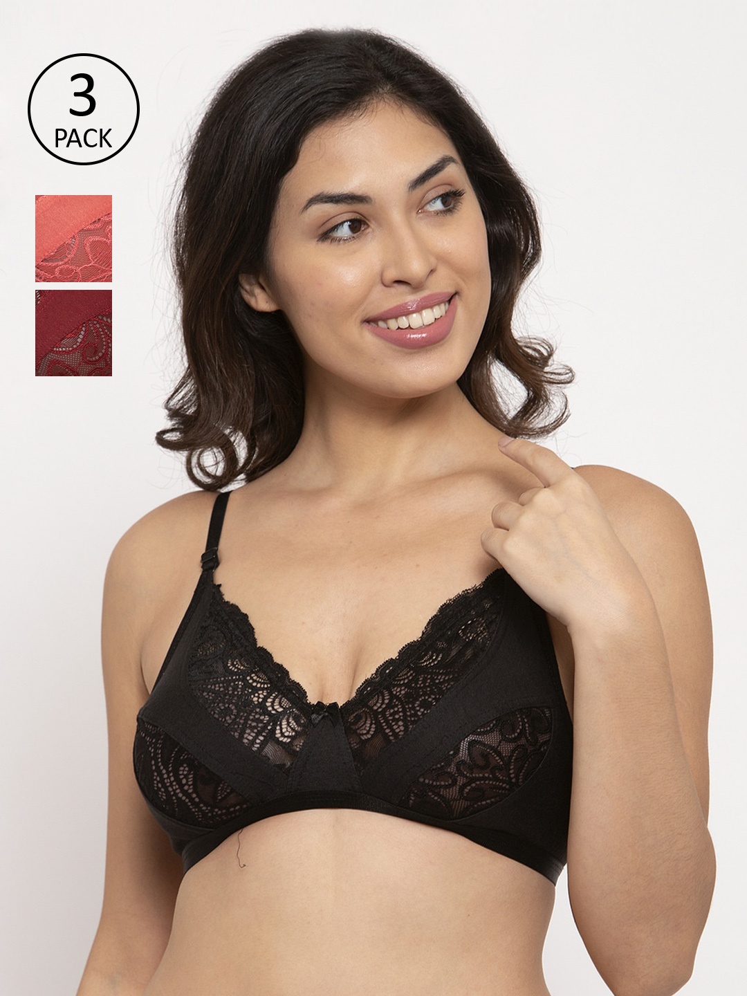 

Innocence Women Pack of 3 Lace Non-Padded Wireless Everyday Bra BBAPLIN90527_40B, Black