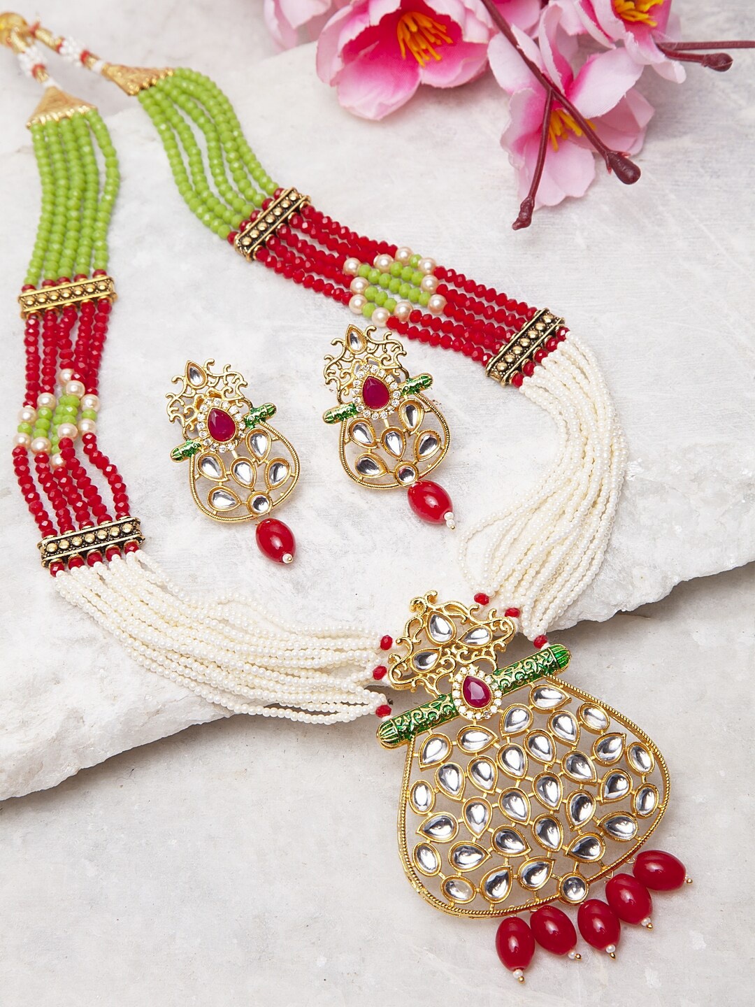 

Moedbuille Gold-Plated Red & Green Kundan-Studded Onyx Beaded Handcrafted Jewellery Set