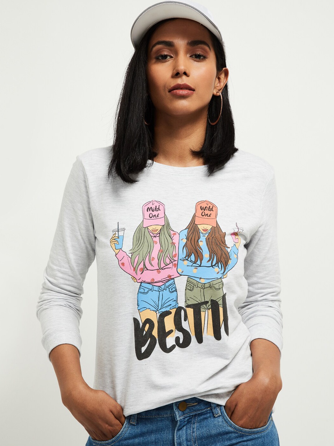 

max Women Grey & Black Printed Pullover Sweatshirt