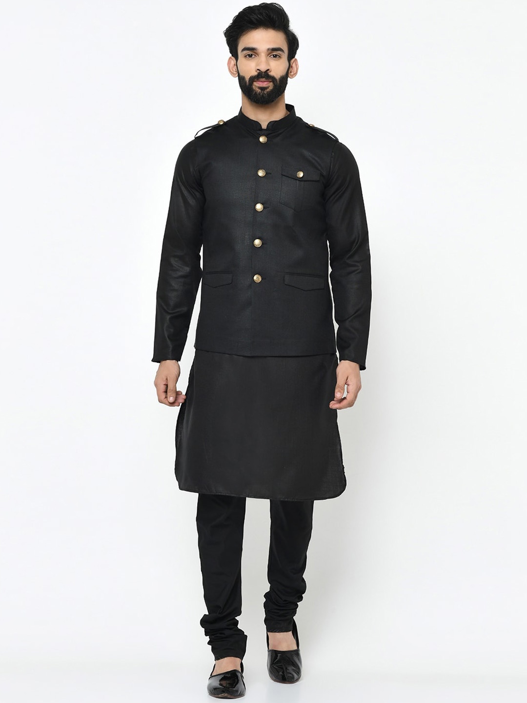

KISAH Men Black Solid Kurta Set with Jacket