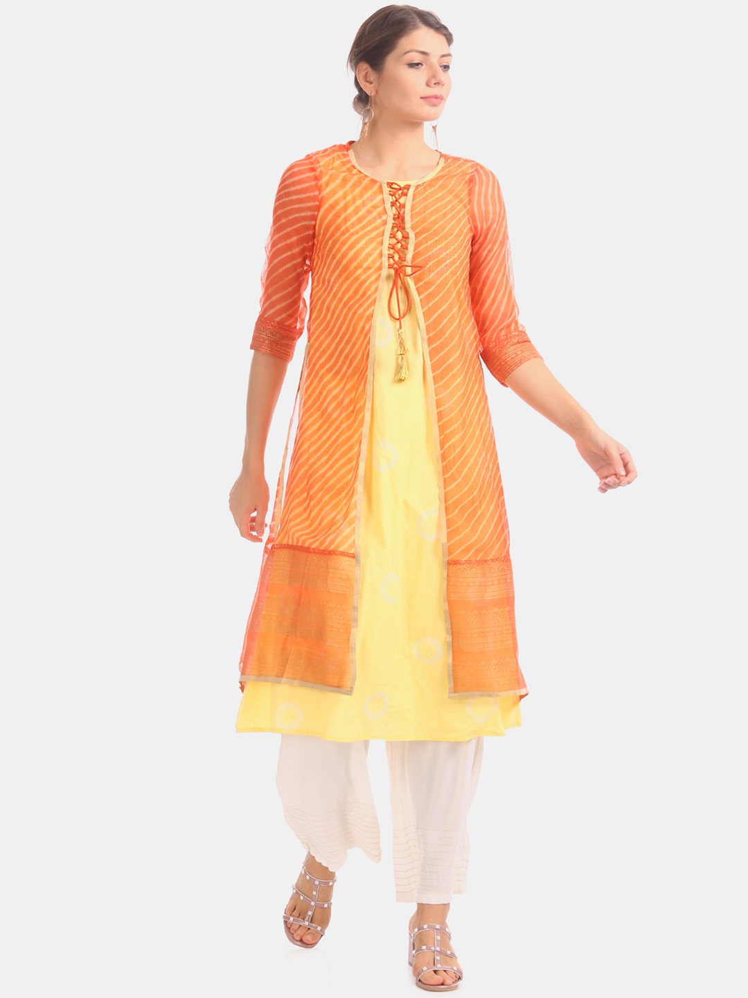 

Anahi Women Yellow & Orange Printed A-Line Layered Kurta