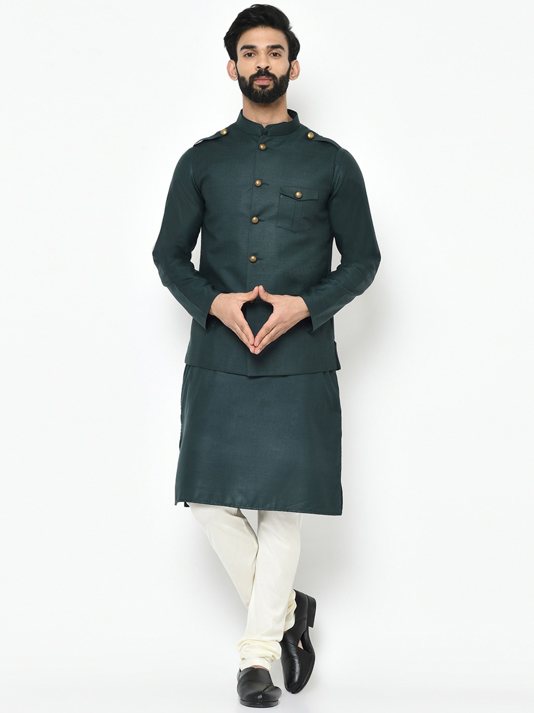 

KISAH Men Green & White Solid Kurta with Churidar & Nehru Jacket