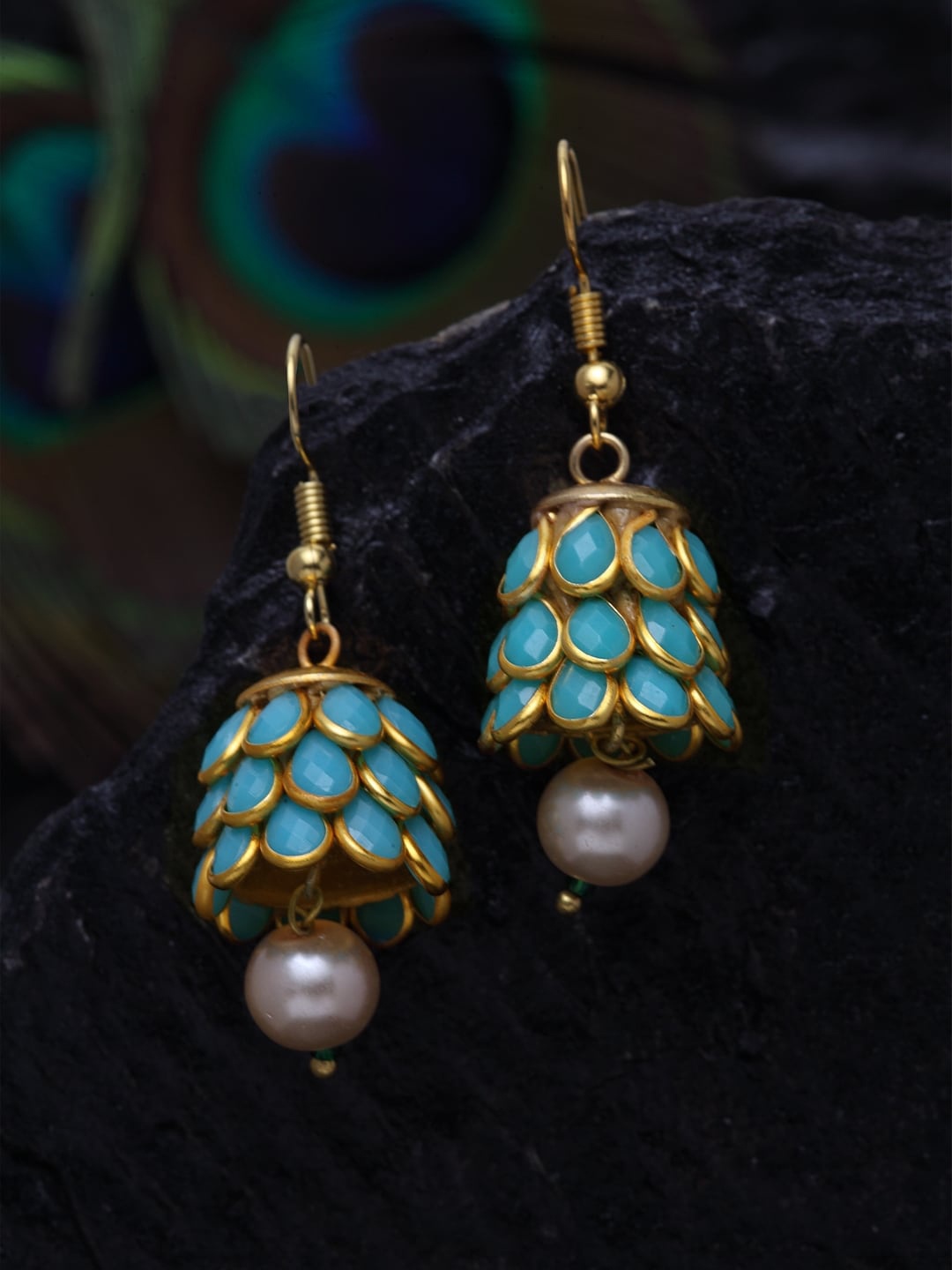 

DUGRISTYLE Turquoise Blue & Gold-Plated Handcrafted Dome Shaped Jhumkas