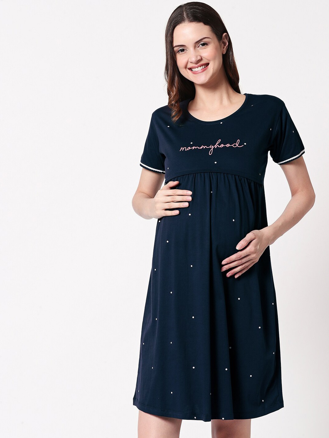 

Zeyo Women Navy Blue Printed Maternity & Feeding Nightdress