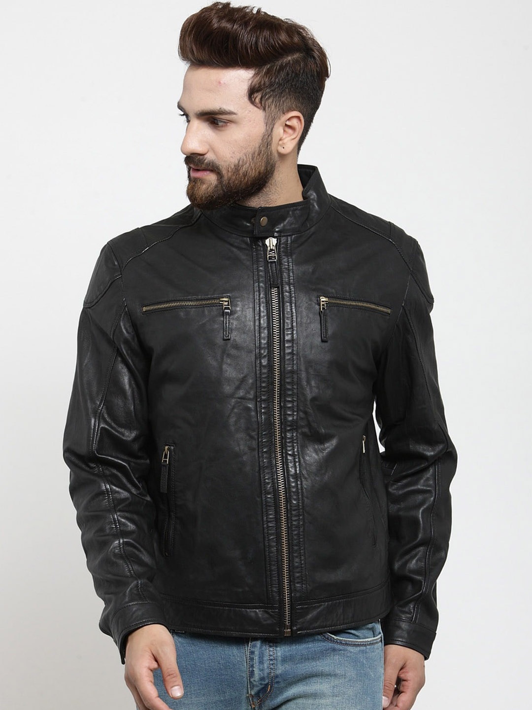 

Teakwood Leathers Men Black Solid Water Resistant Leather Jacket