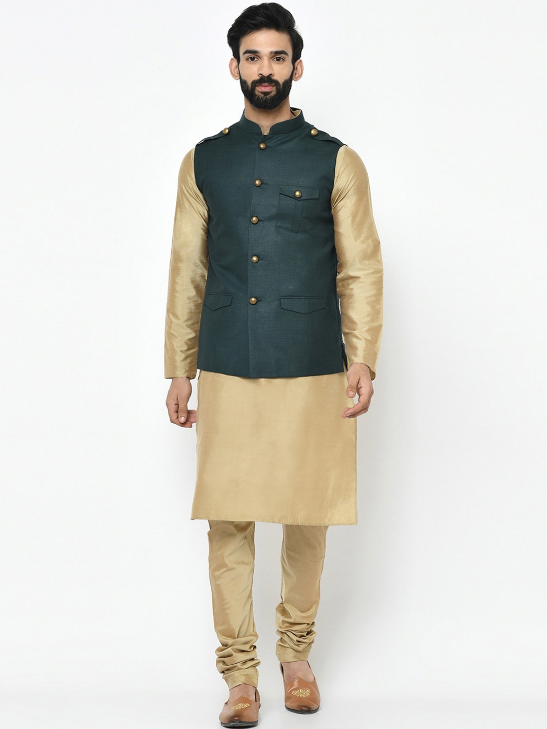 

KISAH Men Beige & Green Solid Kurta with Churidar & Nehru Jacket
