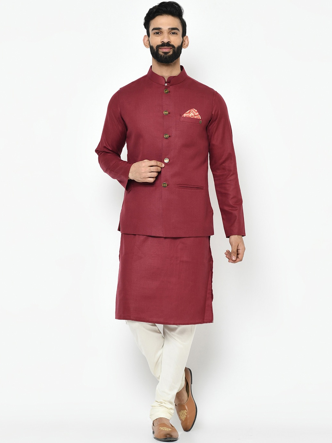 KISAH Men Maroon & White Solid Kurta with Churidar