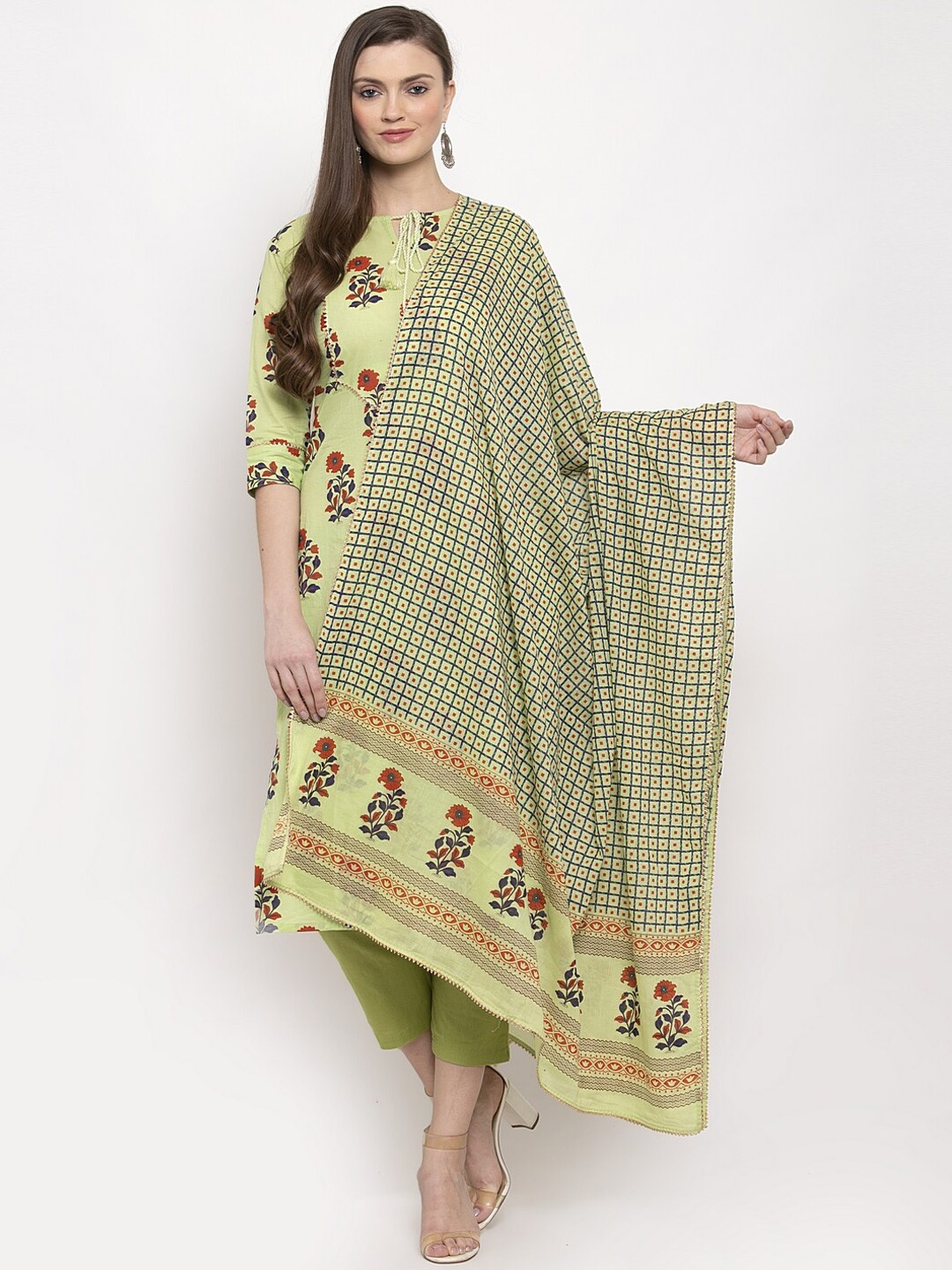 

Indibelle Women Green Printed Kurta with Trousers & Dupatta