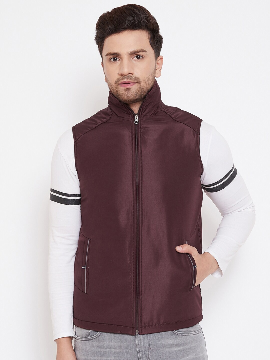 

Spirit Men Burgundy Colourblocked Windcheater Tailored Jacket