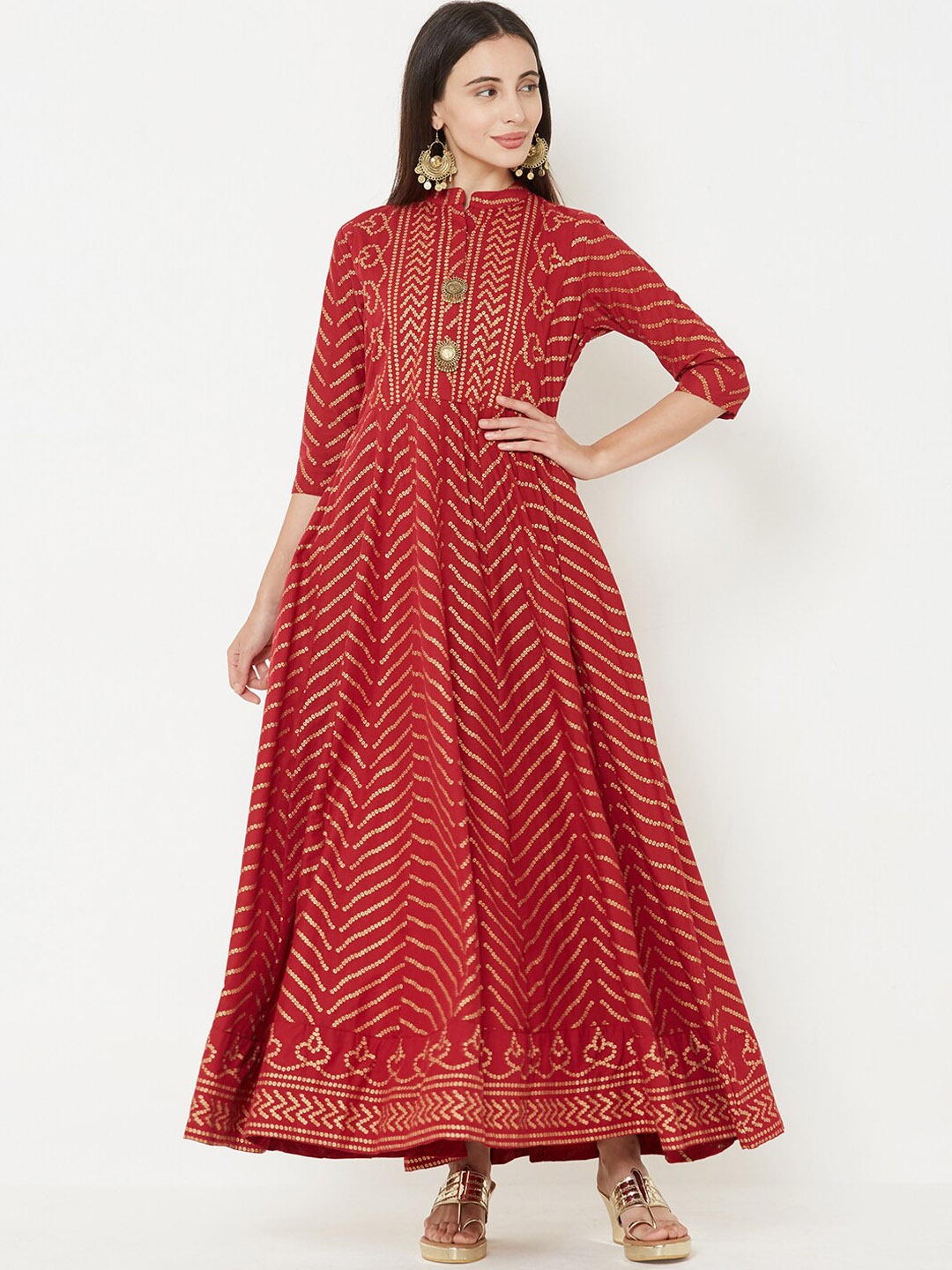 

FASHOR Women Red & Gold-Coloured Foil Printed Anarkali Kurta