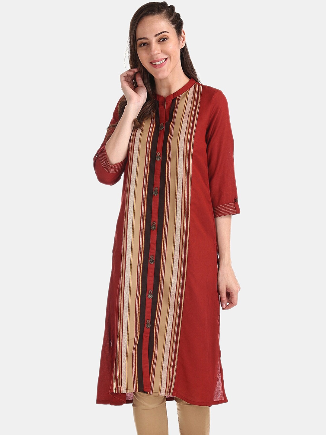 

Anahi Women Rust Woven Design Straight Kurta