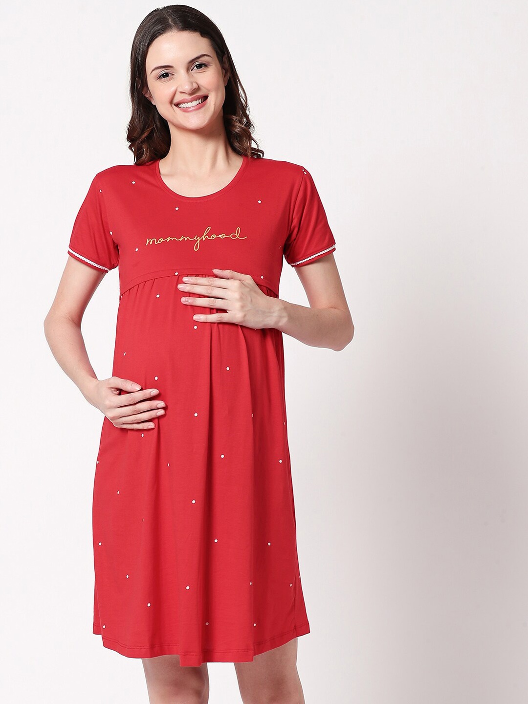 

Zeyo Women Red & White Printed Maternity & Feeding Nightdress ZS-FEED-5356