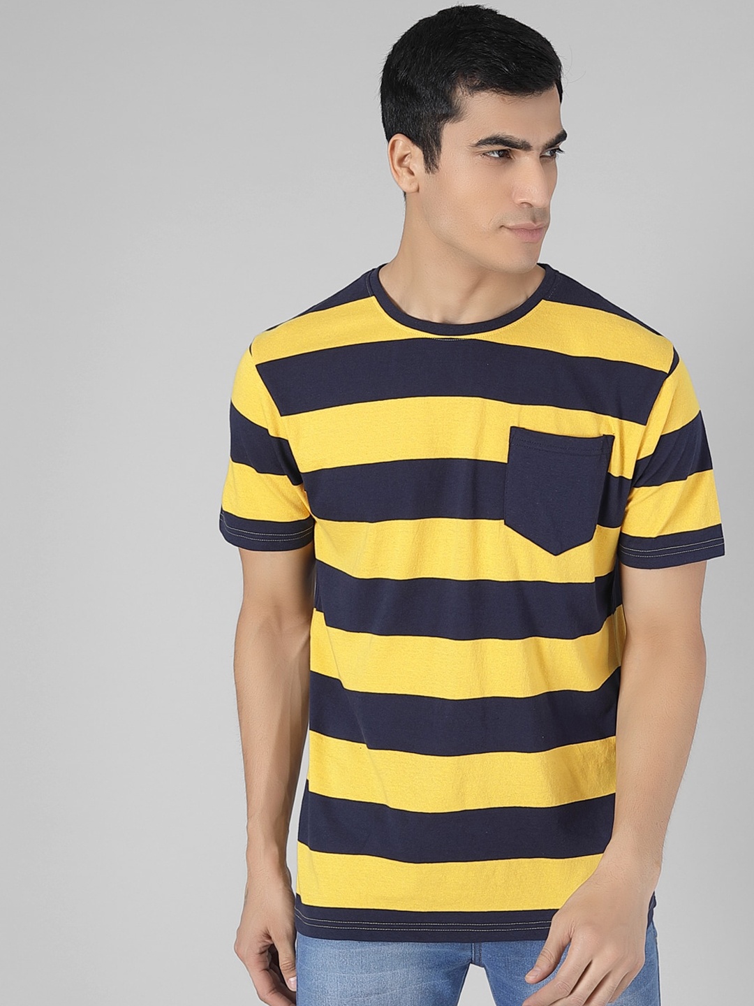 

Kotty Men Yellow & Black Striped Round Neck T-shirt