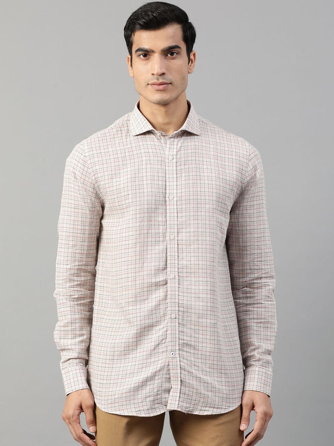 

HARSAM Men Beige Regular Fit Checked Casual Shirt