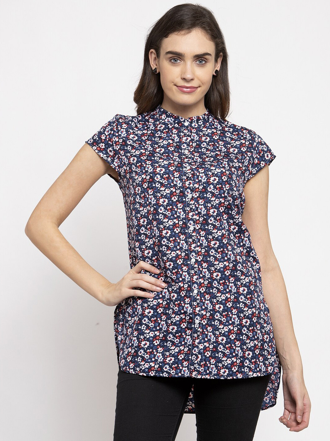 

Purple State Women Navy Blue Printed High-Low Top