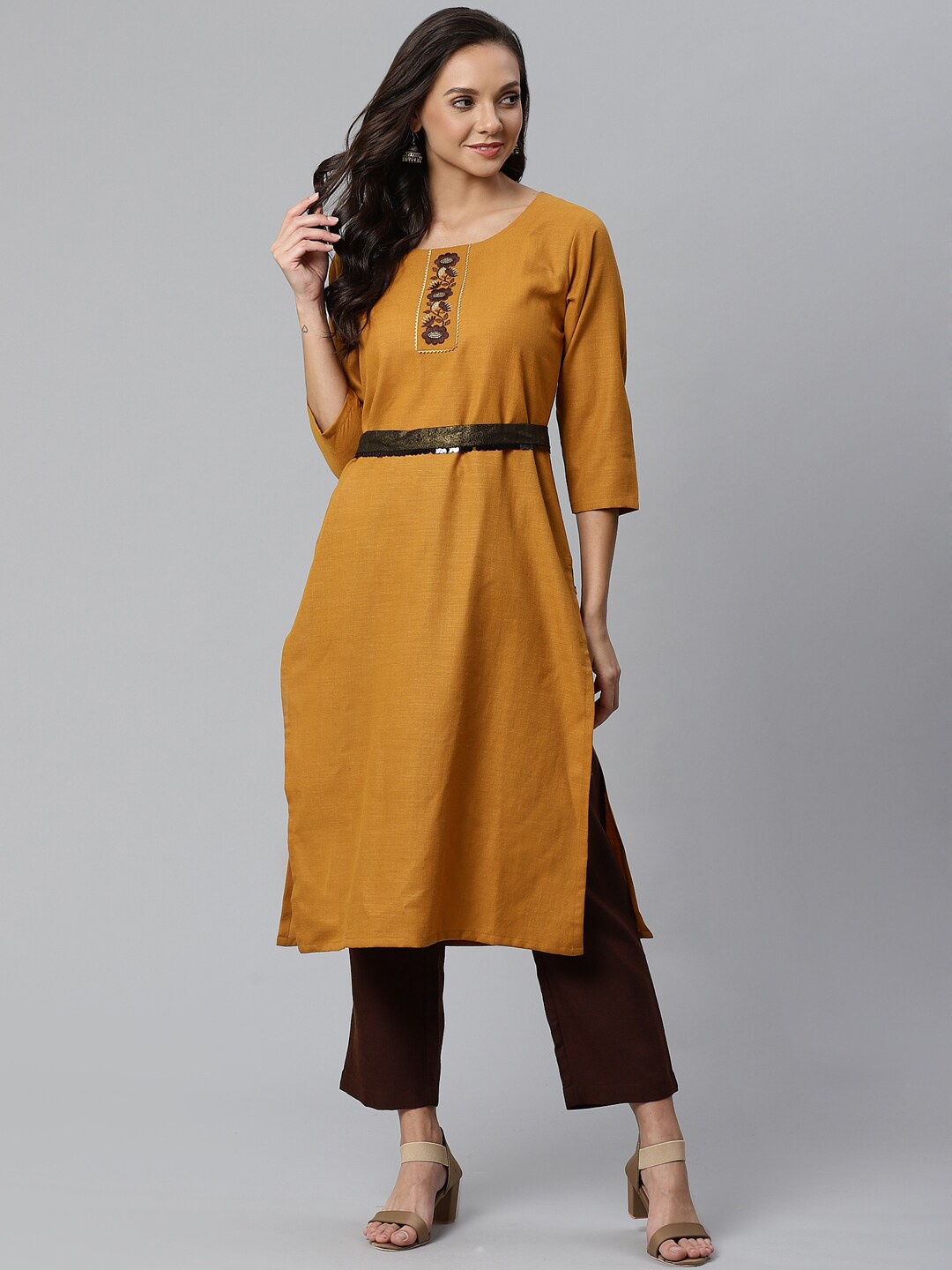 

KSUT Women Mustard Yellow & Brown Solid Kurta with Trousers