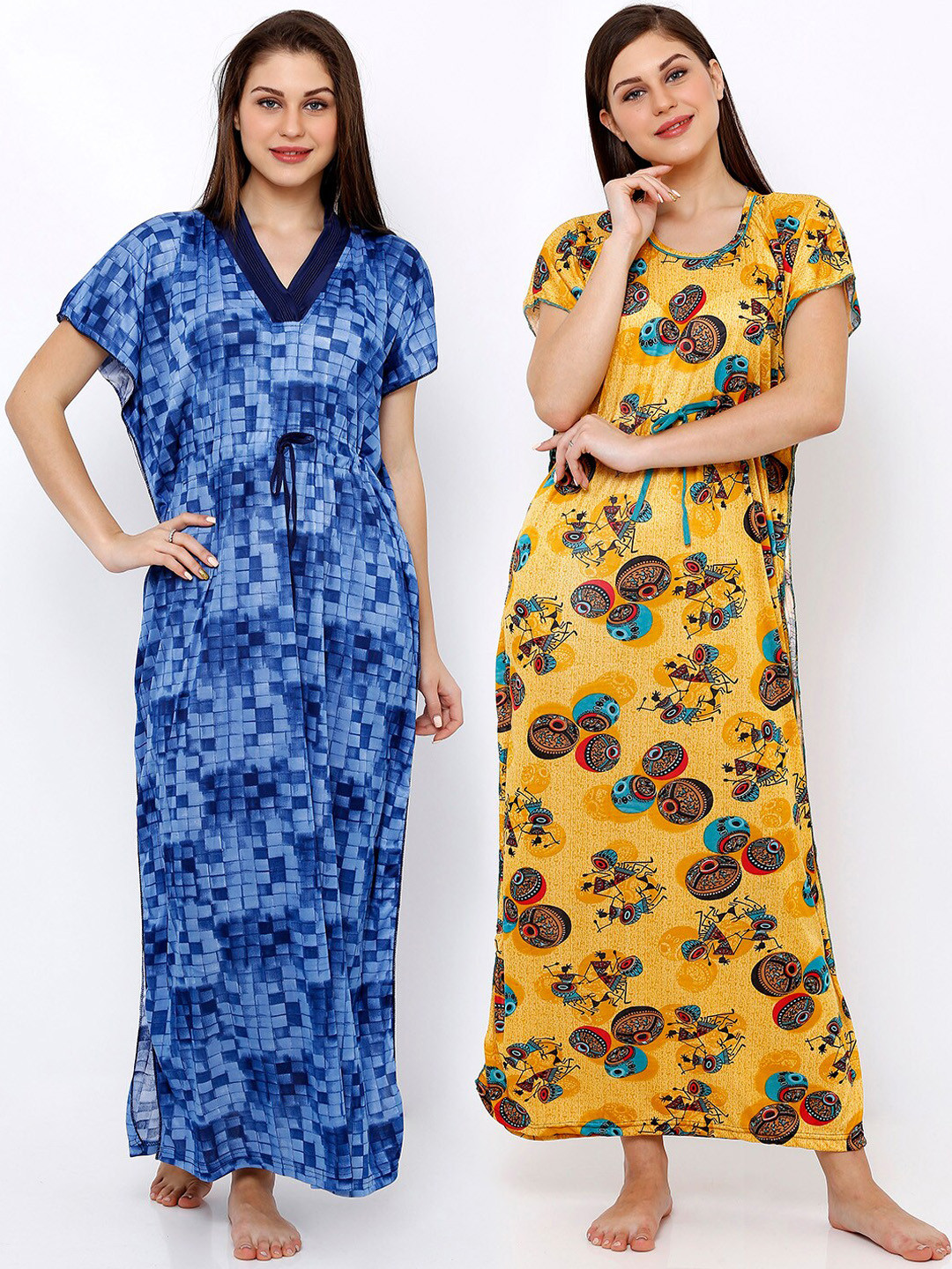 

Pretty Awesome Women Pack Of 2 Printed Maxi Nightdress, Navy blue