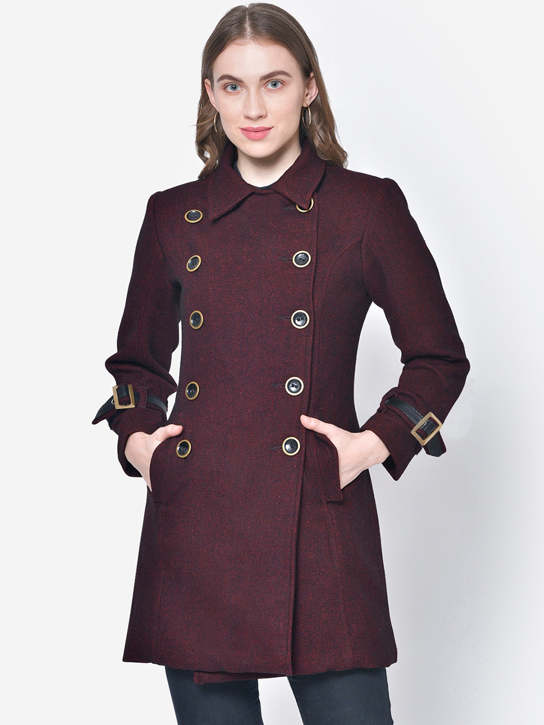 

Martini Women Maroon Textured Slim-Fit Double-Breasted Overcoat
