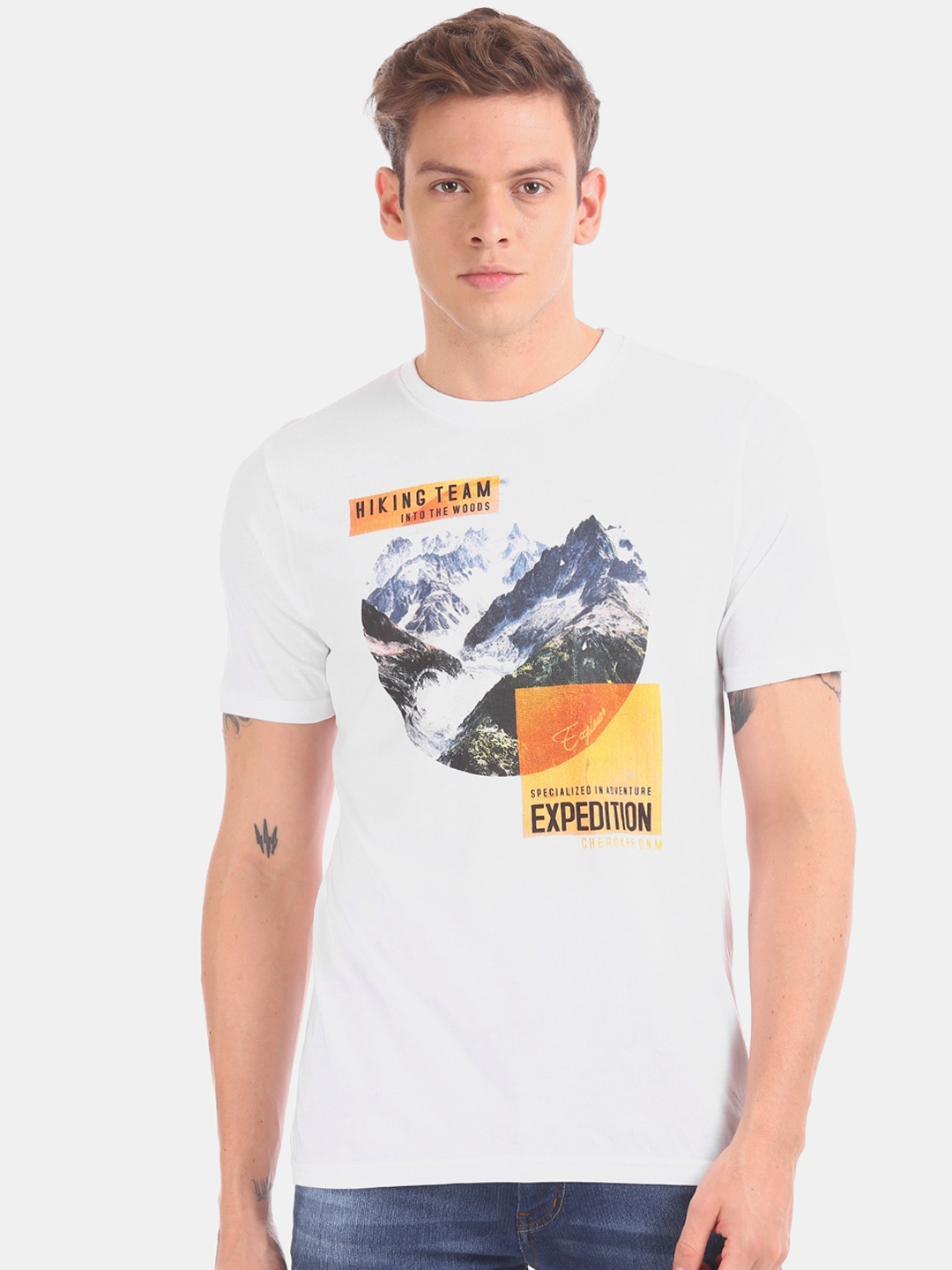 

Cherokee Men White Printed Round Neck Pure Cotton T-shirt