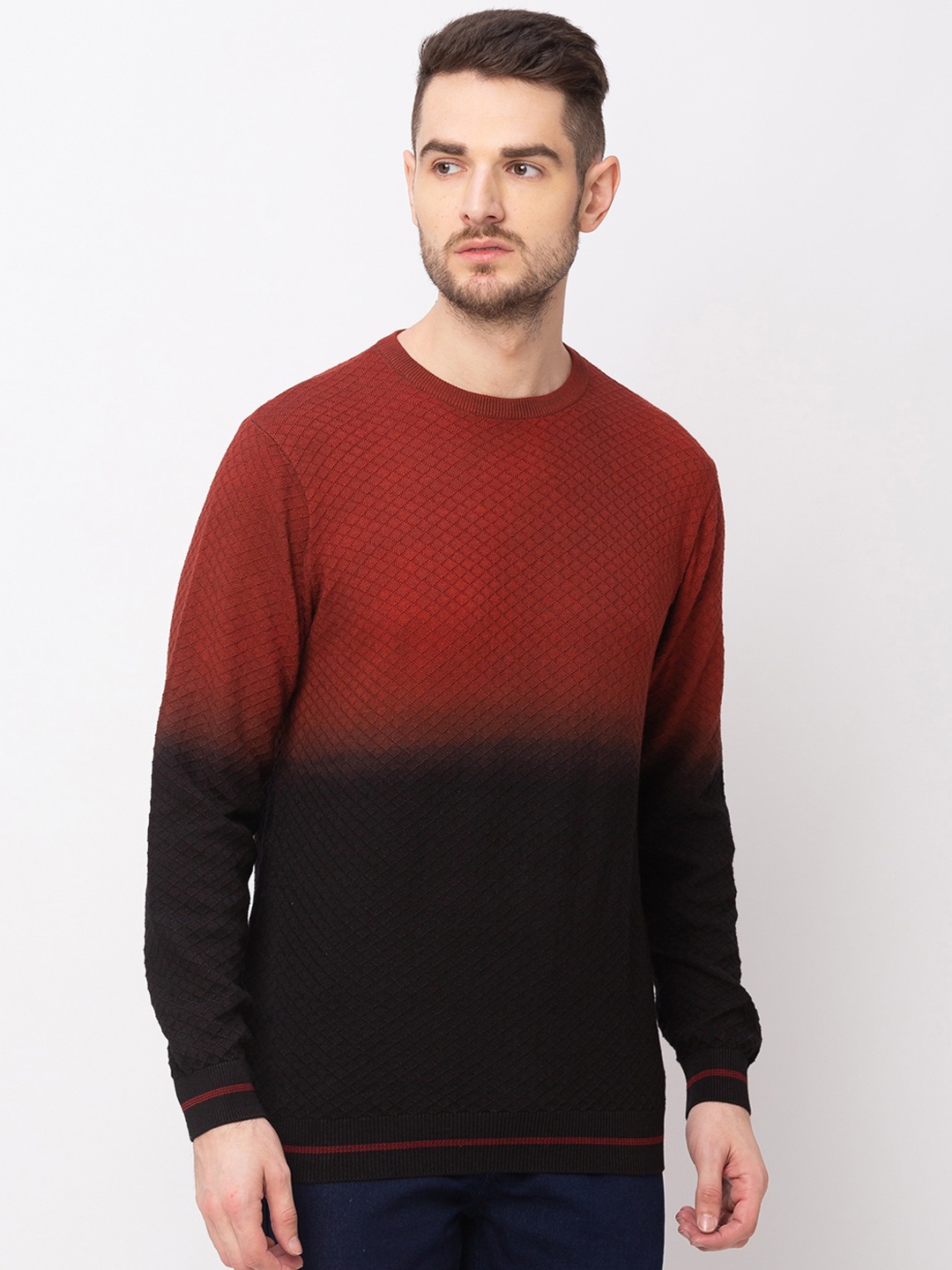 Globus Men Maroon & Black Colourblocked Pullover Sweater