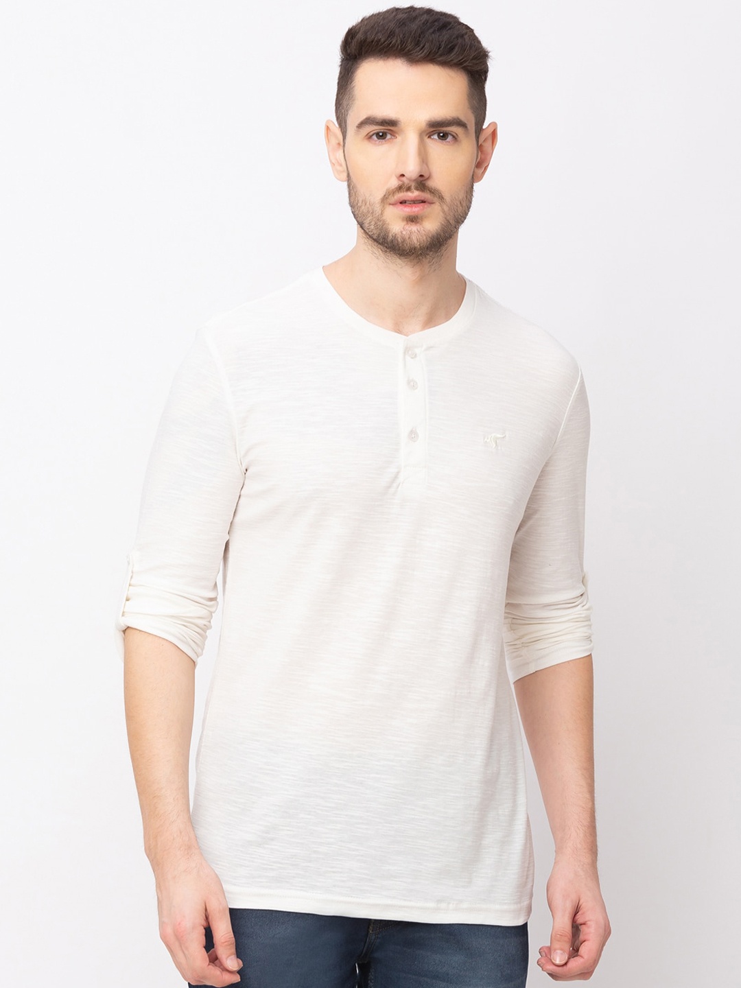 

Globus Men Off-White Solid Henley Neck T-shirt