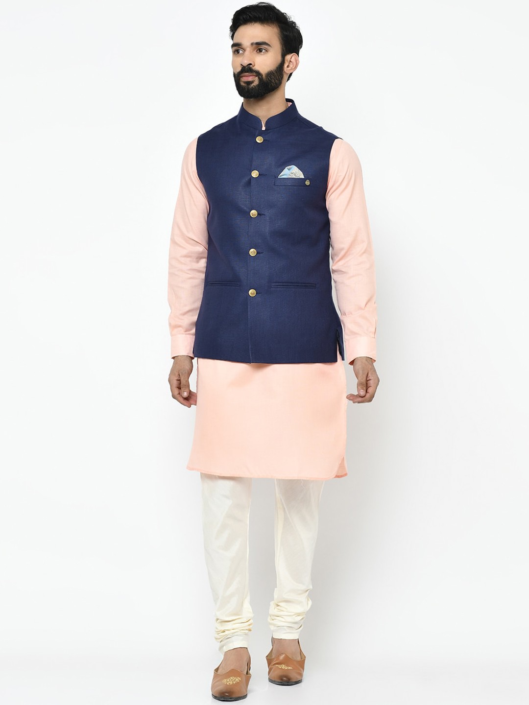 

KISAH Men Pink & Off-White Solid Kurta with Churidar & Nehru Jacket