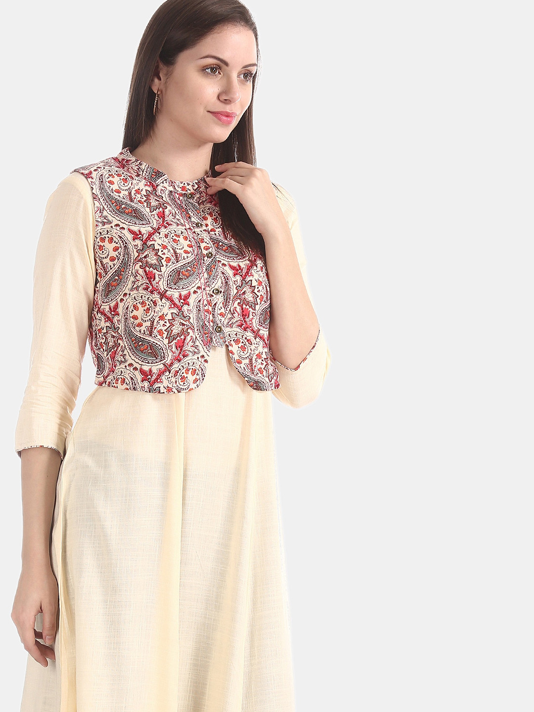 

Anahi Women Cream-Coloured Solid A-Line Kurta With Shrug