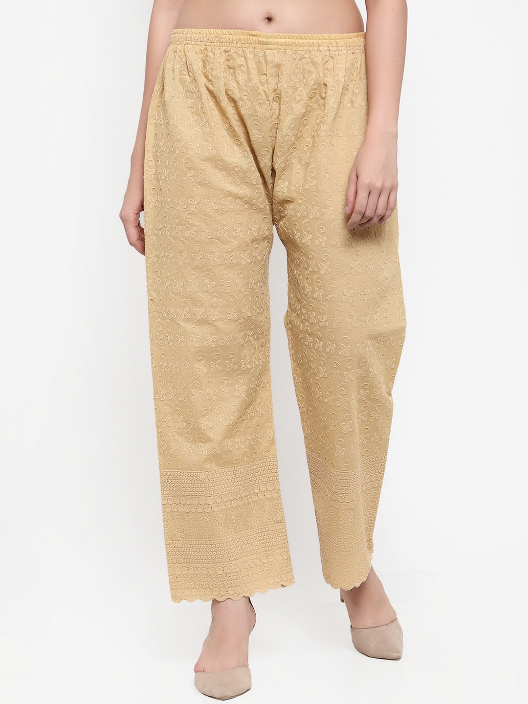 

Miaz Lifestyle Women Beige Embroidered Straight Fit Palazzos